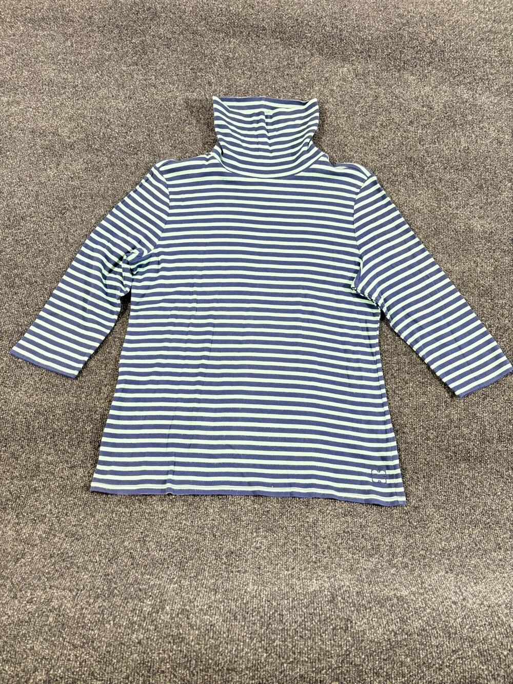 Liz Claiborne Shirt Womens L Blue Stripe Turtleneck 3/4 Sleeve Jersey Cotton Top